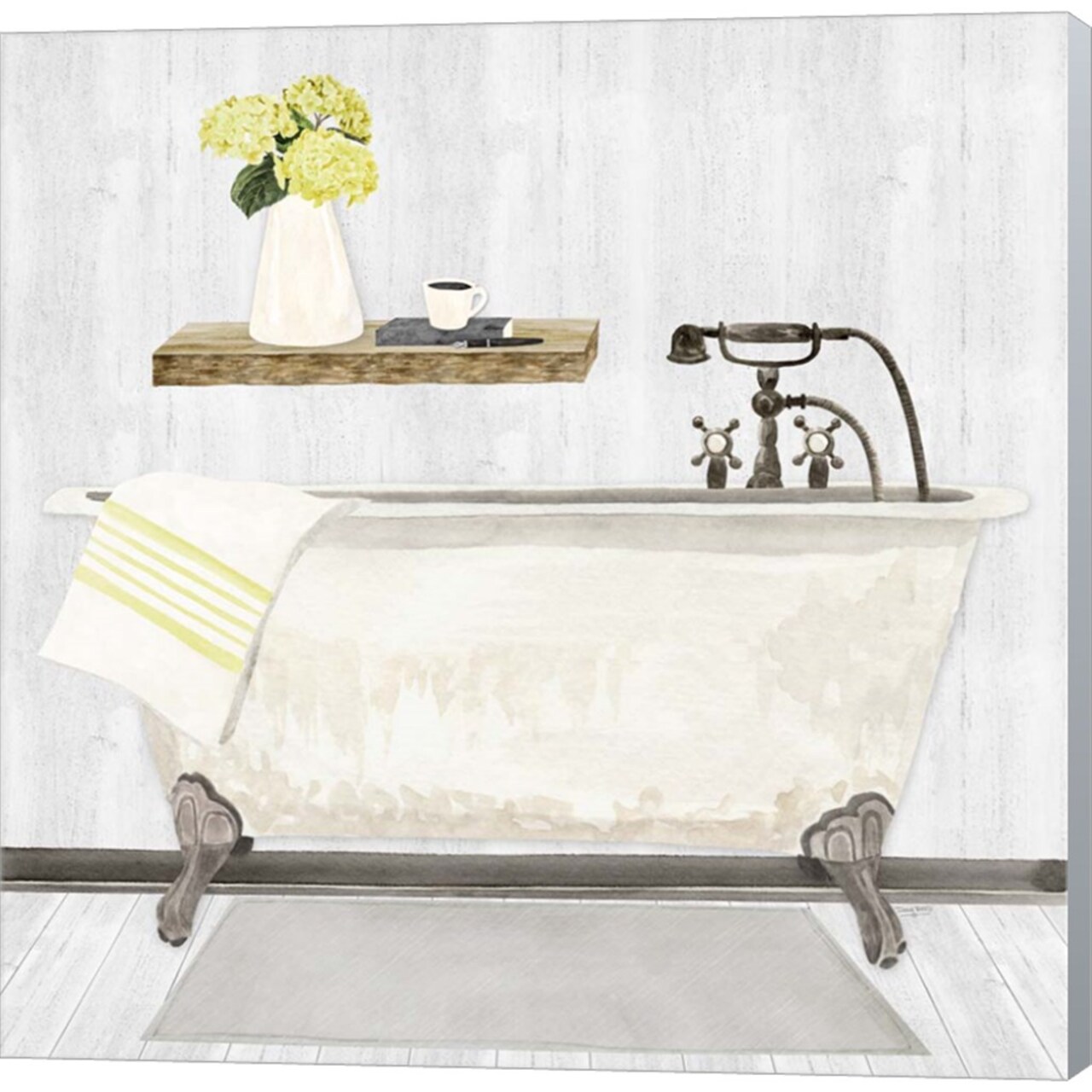 Farmhouse Bath I Gray & Yellow-Tub by Tara Reed 12" x 12" Canvas Wall Art